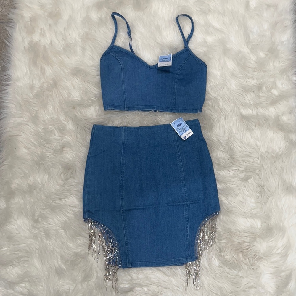 Denim Mini Skirt in Blue with Fringe - Unbranded